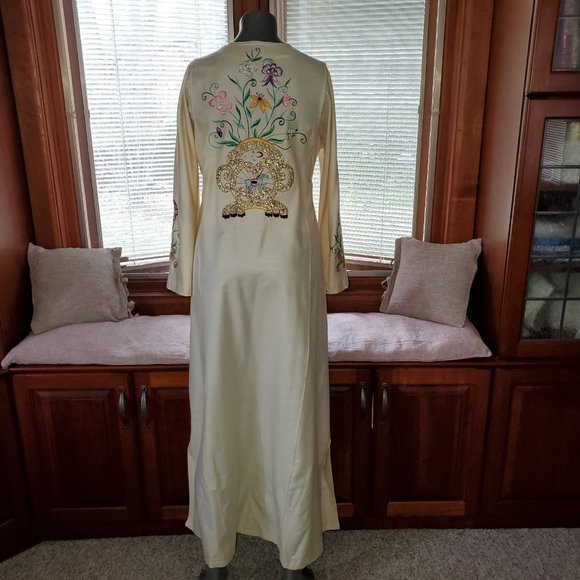 Boho VTG Metallic Embroidered Slub Silk Kaftan Maxi Dress Beige Gold Multi Sz S - Picture 2 of 9